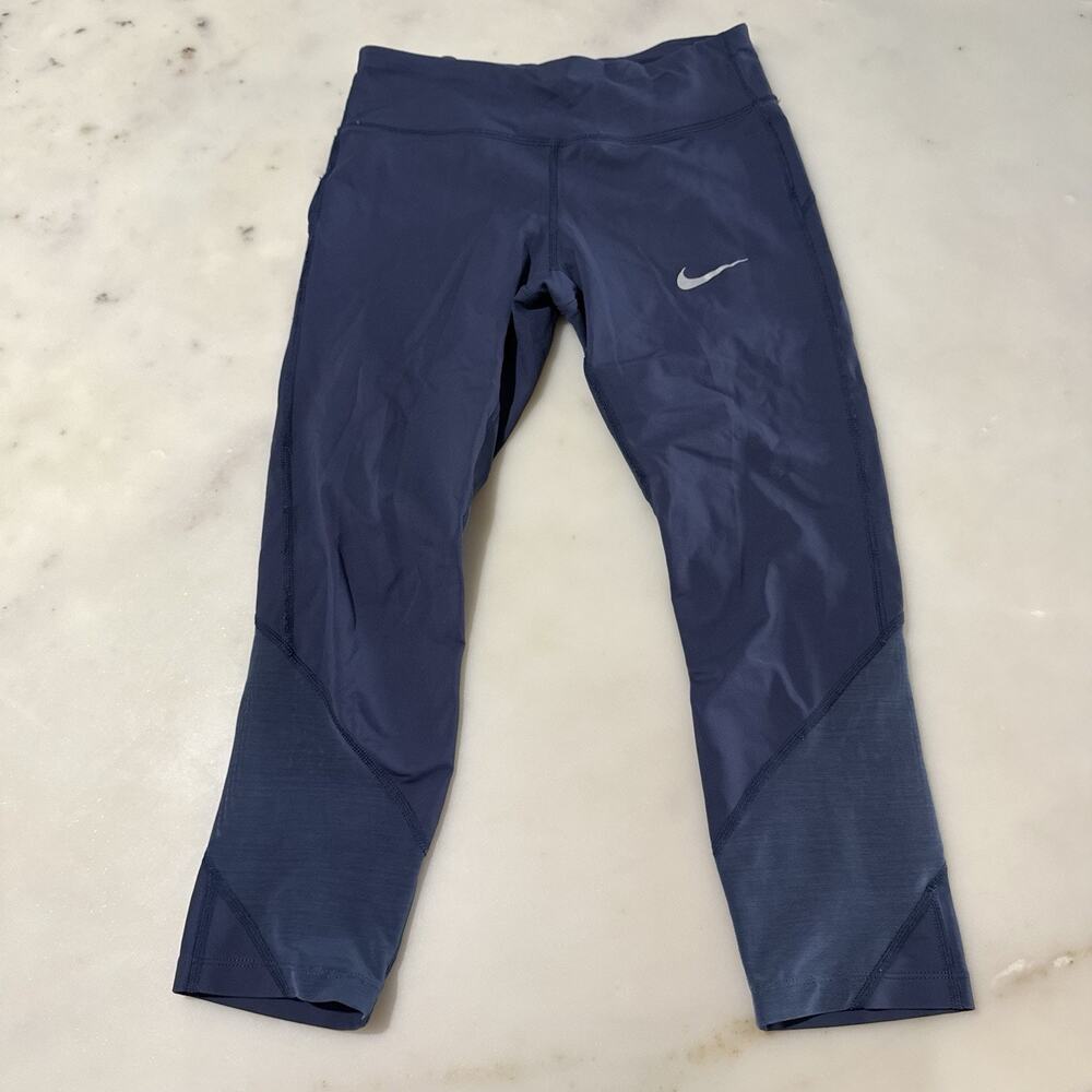 Nike Women's S Power Epic Lux Running Tights Capris Black Tight Fit Navy Blue